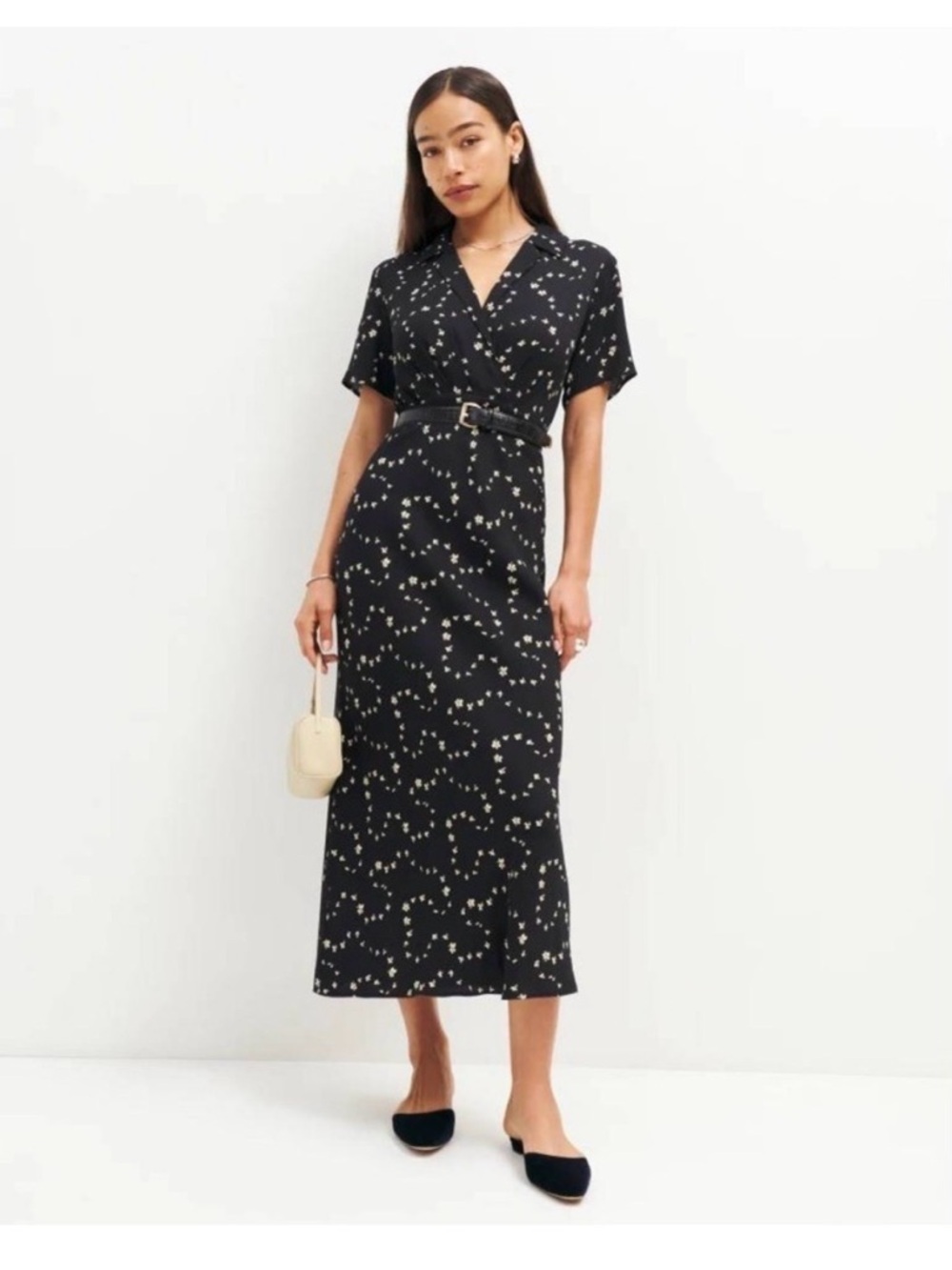 Reformation Dankia Printed‎ Midi Dress S Black Floral Faux Wrap Flowy Slimming